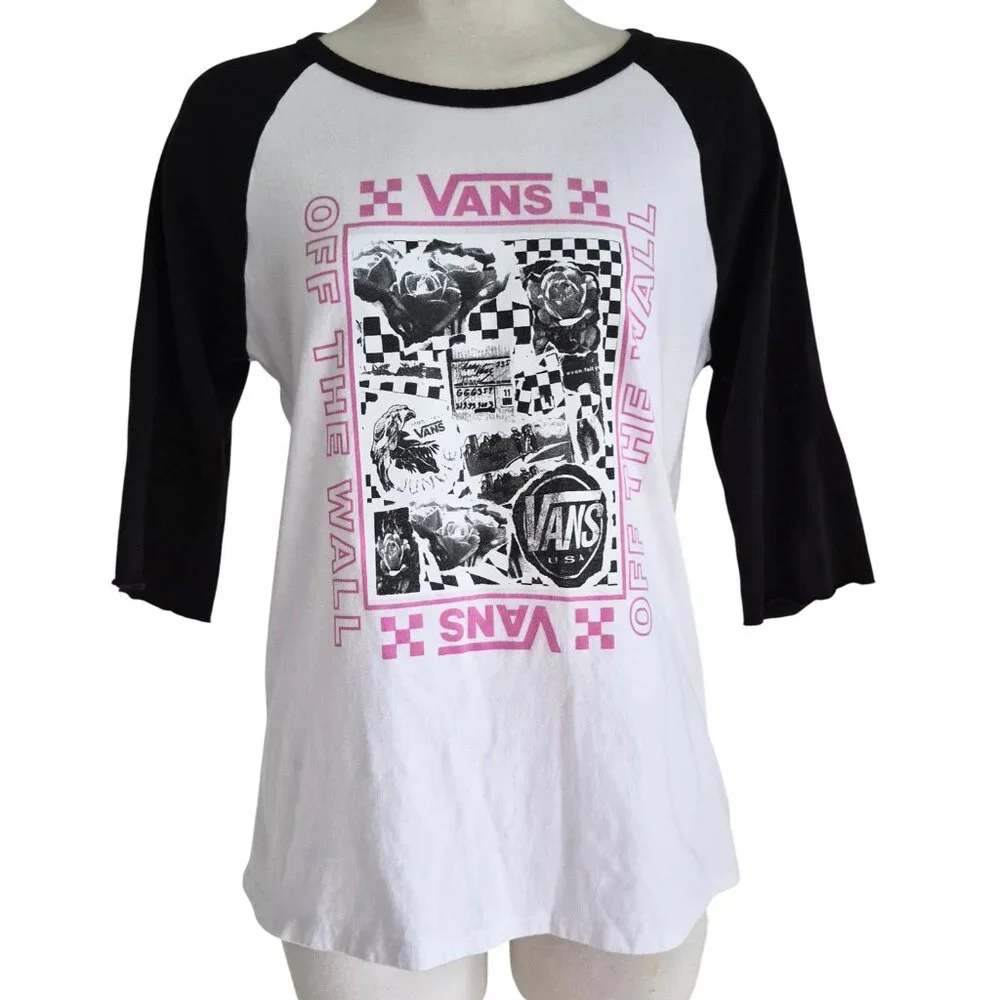 VANS Baseball Style Raglan Long Sleeve Tee White / Black / Pink Graphic Size M - Picture 1 of 14
